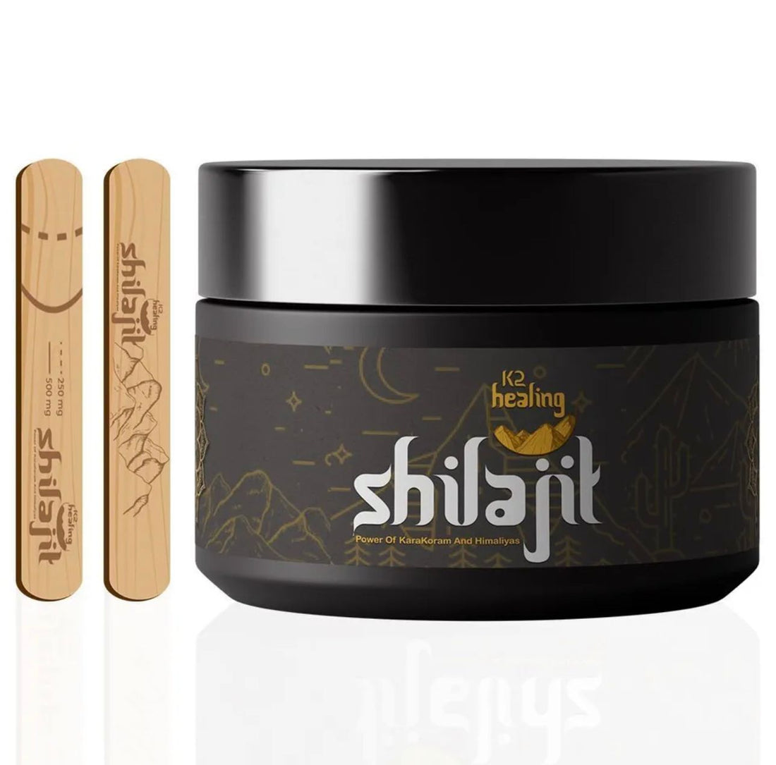 Organic Shilajit supplement jar set against a Himalayan mountain backdrop, showcasing natural vitality and wellness. Dark resinous substance, rich in minerals, representing ancient Ayurvedic health remedies for energy, vitality, and holistic wellness.