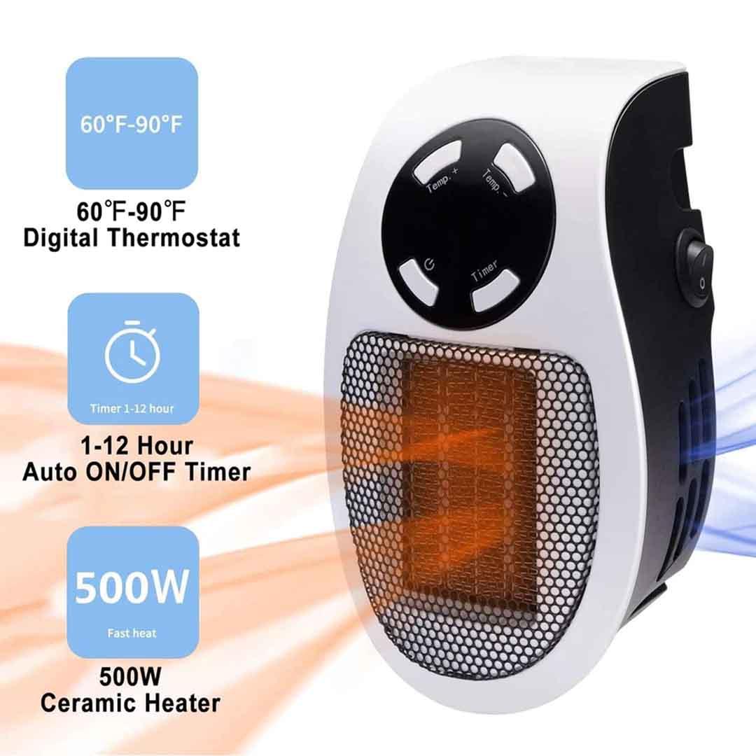 Compact portable plug-in heater against a neutral background. Energy-efficient heating device for on-the-go warmth. Ideal winter solution for offices, travel, and small spaces. Convenient, portable, and cost-effective heating.