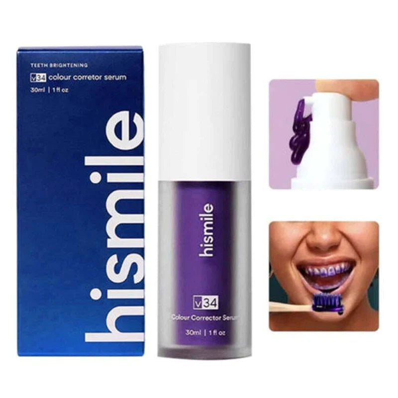 HiSmile Teeth Whitening Toothpaste - A tube of advanced whitening formula toothpaste against a backdrop of fresh mint leaves. Promises gentle yet effective stain removal, contributing to a brighter smile and enhanced dental hygiene.