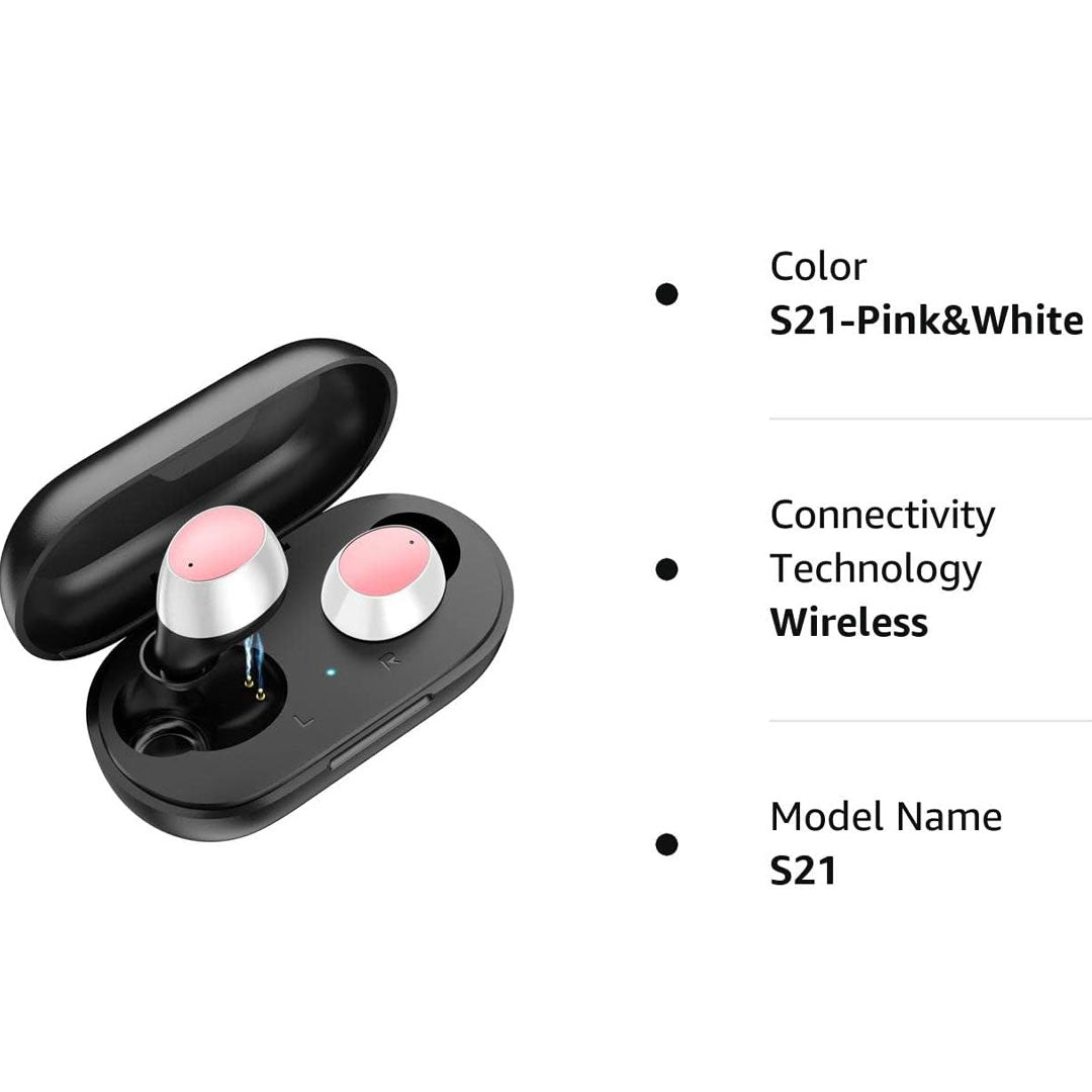 Lanteso S21 Wireless Earbuds: Pink & White Waterproof Earbuds with 4 Mics for Clear Calling and Bass Sound