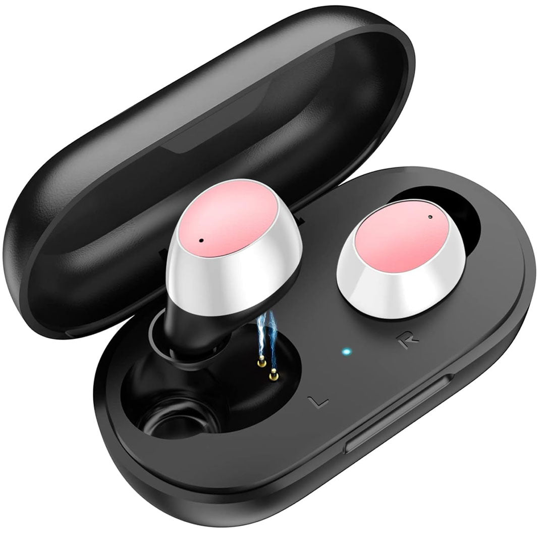 Lanteso S21 Wireless Earbuds: Pink & White Waterproof Earbuds with 4 Mics for Clear Calling and Bass Sound